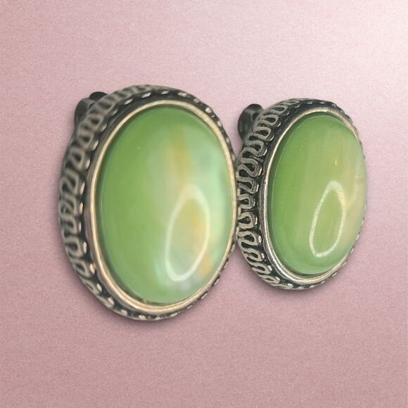 VTG Signed MJ Marie Jennifer Silver Tone Green Stone Pendant Necklace Earrings - Picture 6 of 12